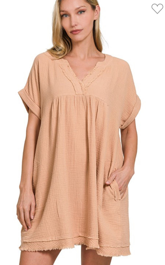 Double Gauze Raw Edge V Neck Dress